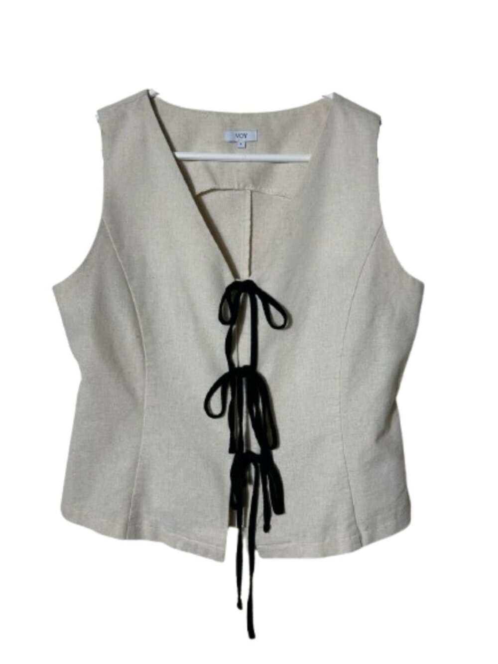 Voy beige linen blend bow tie front workwear vest womens S office siren